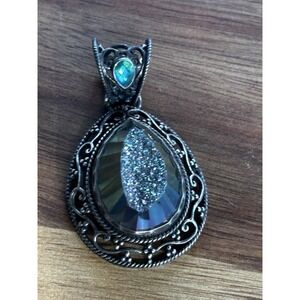 SAJEN 925 Sterling Silver - Vintage Blue Topaz & Druzy Stone Pendant.  beautiful